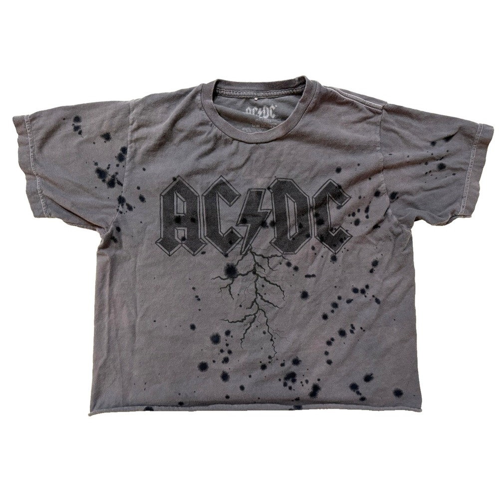 AC/DC Cropped Shirt Women MED Gray Lightning Graphic Bleach Dye Rock Band Boxy